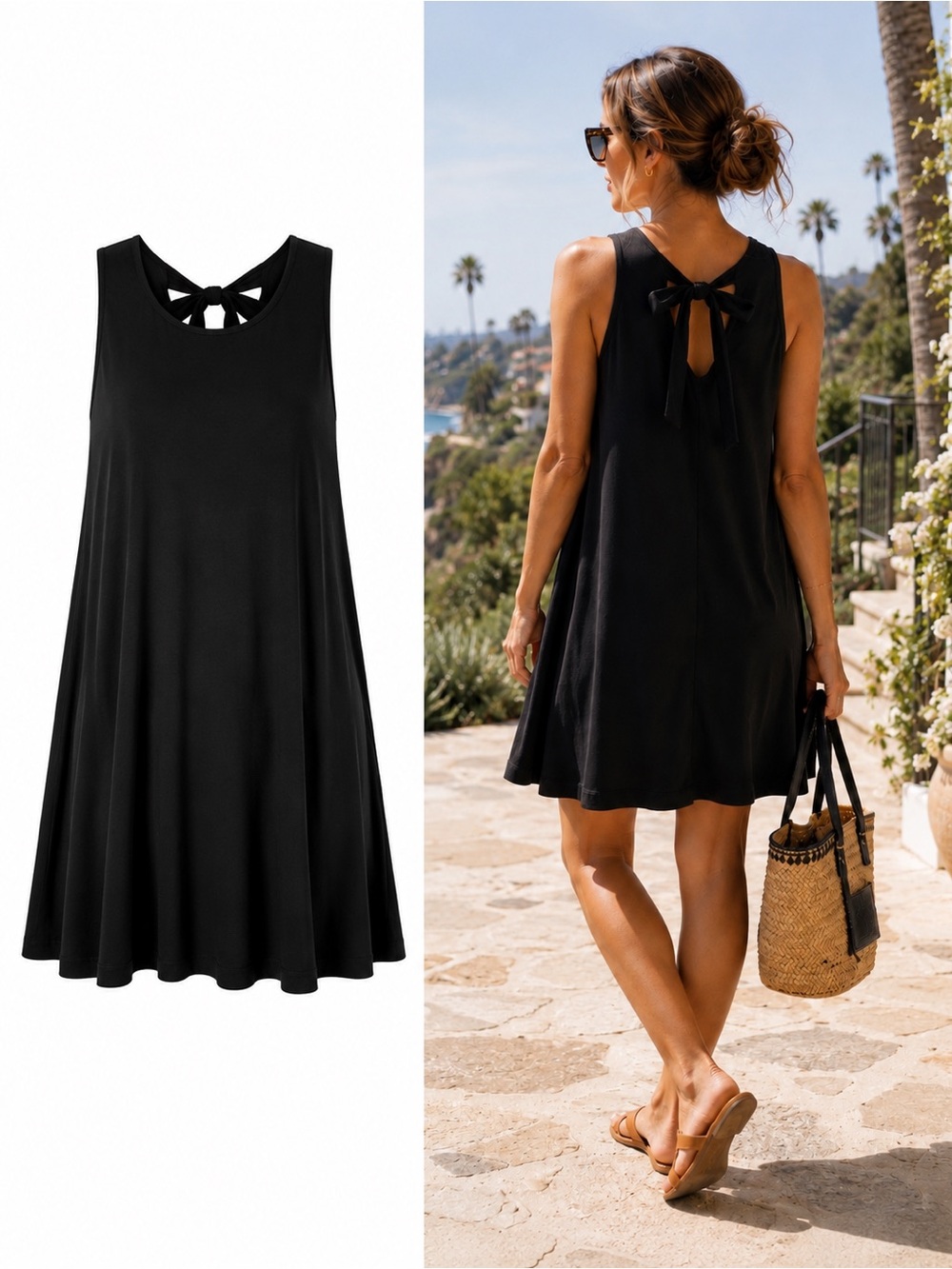 Lilla P Black Sleeveless Swing Dress Tie Back Jersey Knit Travel Mini Size Small